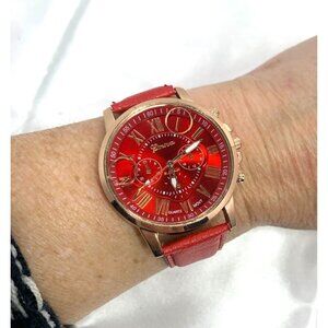 Geneva Unisex Red Analog Watch With Roman Numerals & Faux Leather Strap